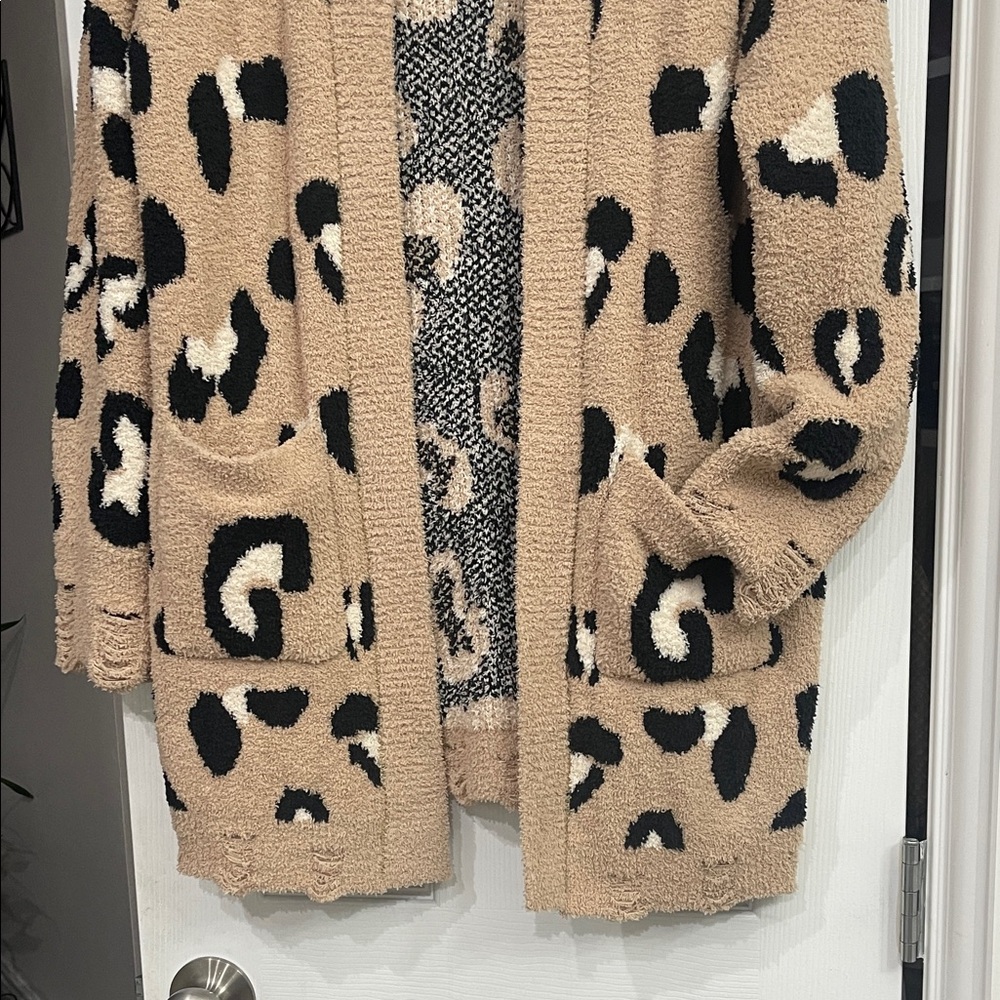 Chic Soul Tan and Black Distressed Animal Print Cardigan - Picture 3 of 6